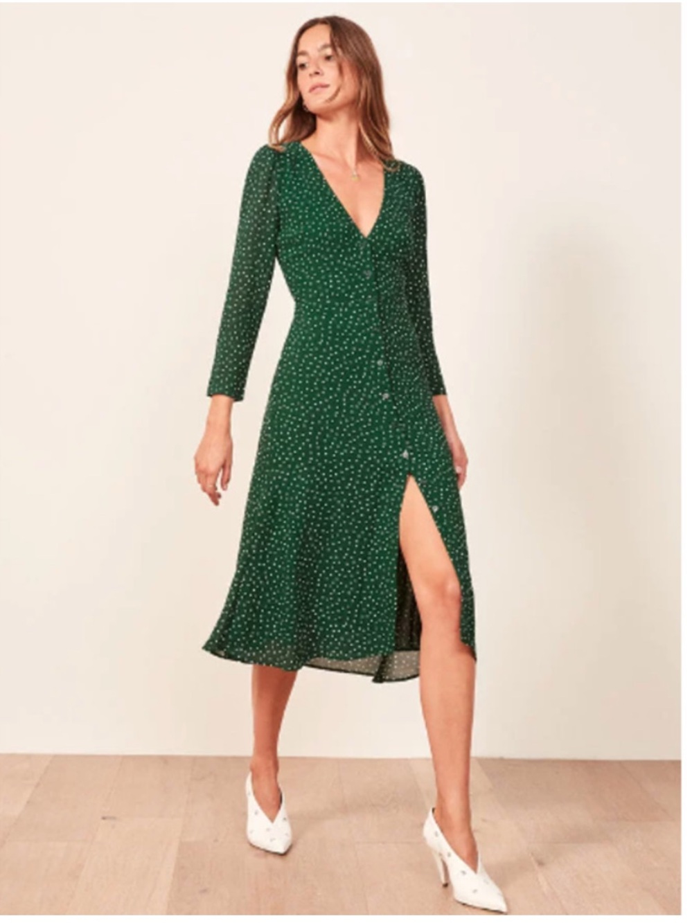 Reformation Alma Midi Dress in Green Dots